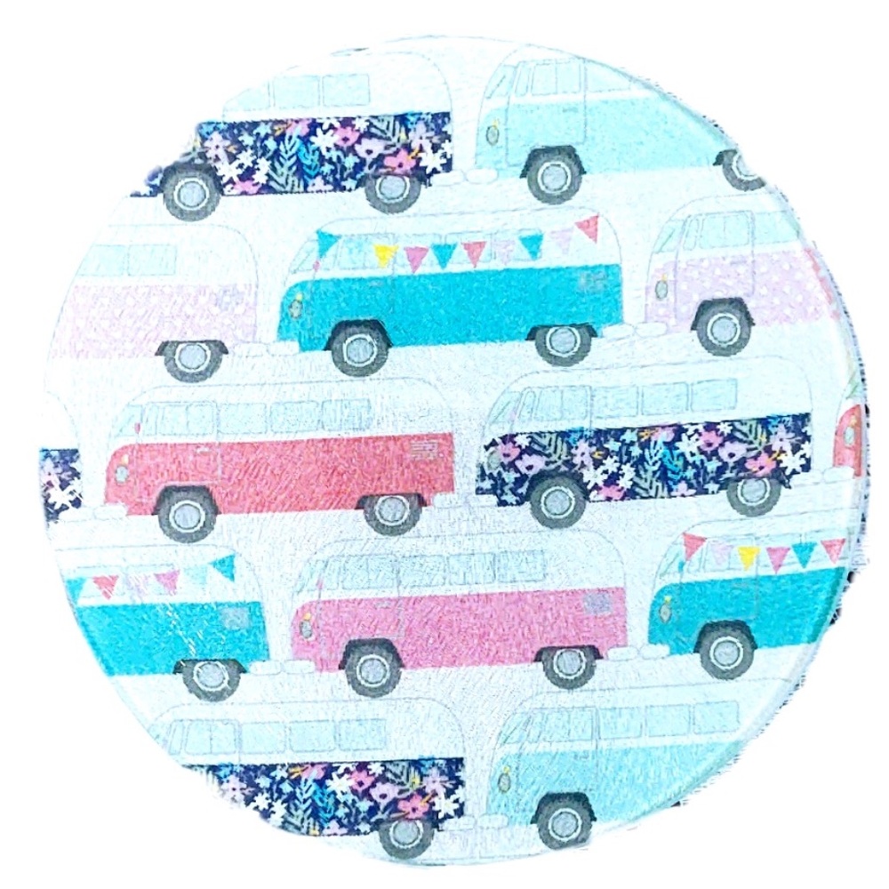 Hand Crafted Fabric Decoupage Glass Trivet/Cutting Board 8" Round Retro Campers - Picture 1 of 3